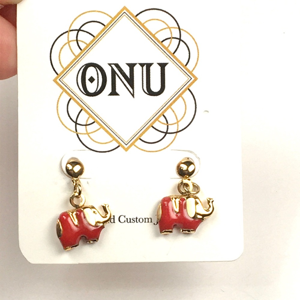 Elephant Dangle Earrings Gold and Red
